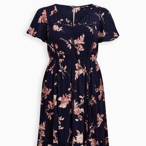100% TO CHARITY! NWT NEW TORRID Sz 2 TEA LENGTH MIDI DRESS NAVY FLORAL w/POCKETS